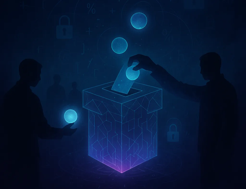 Silhouetted figures casting glowing ballots into a translucent, circuit-patterned ballot box, surrounded by padlock icons. AI-generated illustration.