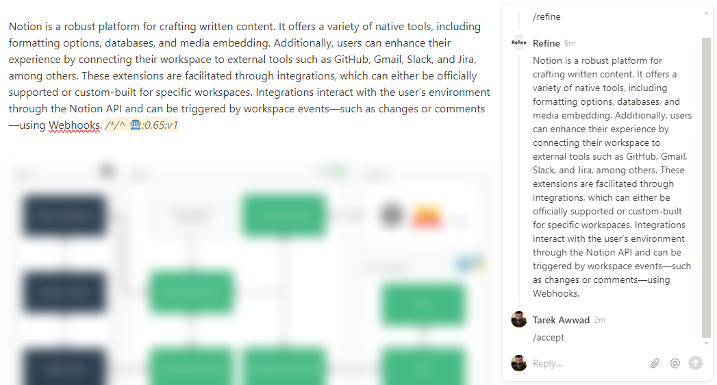 The Notion page after acceptance: the refined paragraph has replaced the original and carries a similarity and version tag; the comment thread shows the /accept command.
