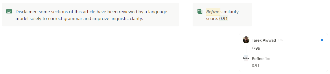 A Notion page footer showing the AI disclaimer and a “Refine similarity score: 0.91” callout; in the comments, the /agg command returns 0.91.