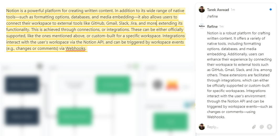 A Notion page with a highlighted paragraph; in the comment panel, a /refine comment from Tarek Awwad is answered by the Refine integration with a refined version of the paragraph.