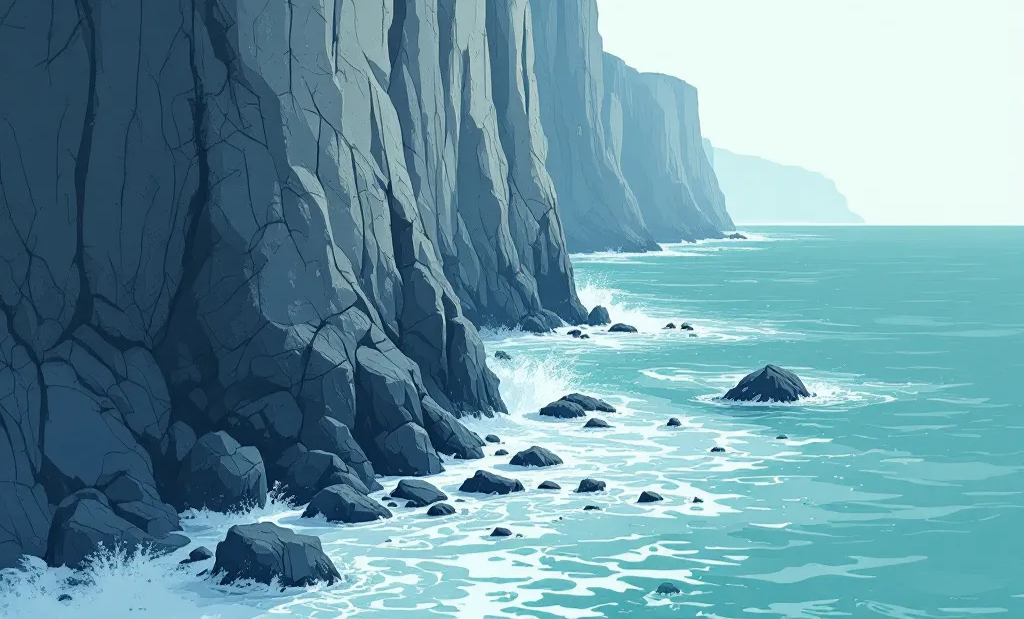 Stylized illustration of sea waves eroding the base of tall rock cliffs.