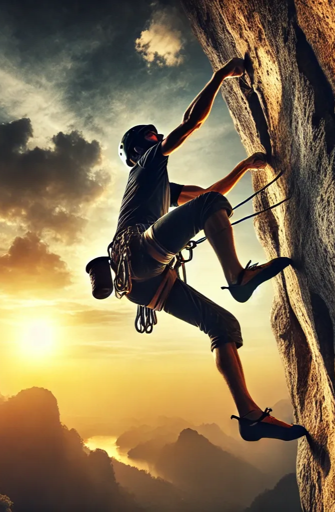 A rock climber pausing mid-route on an overhanging cliff face at sunset.